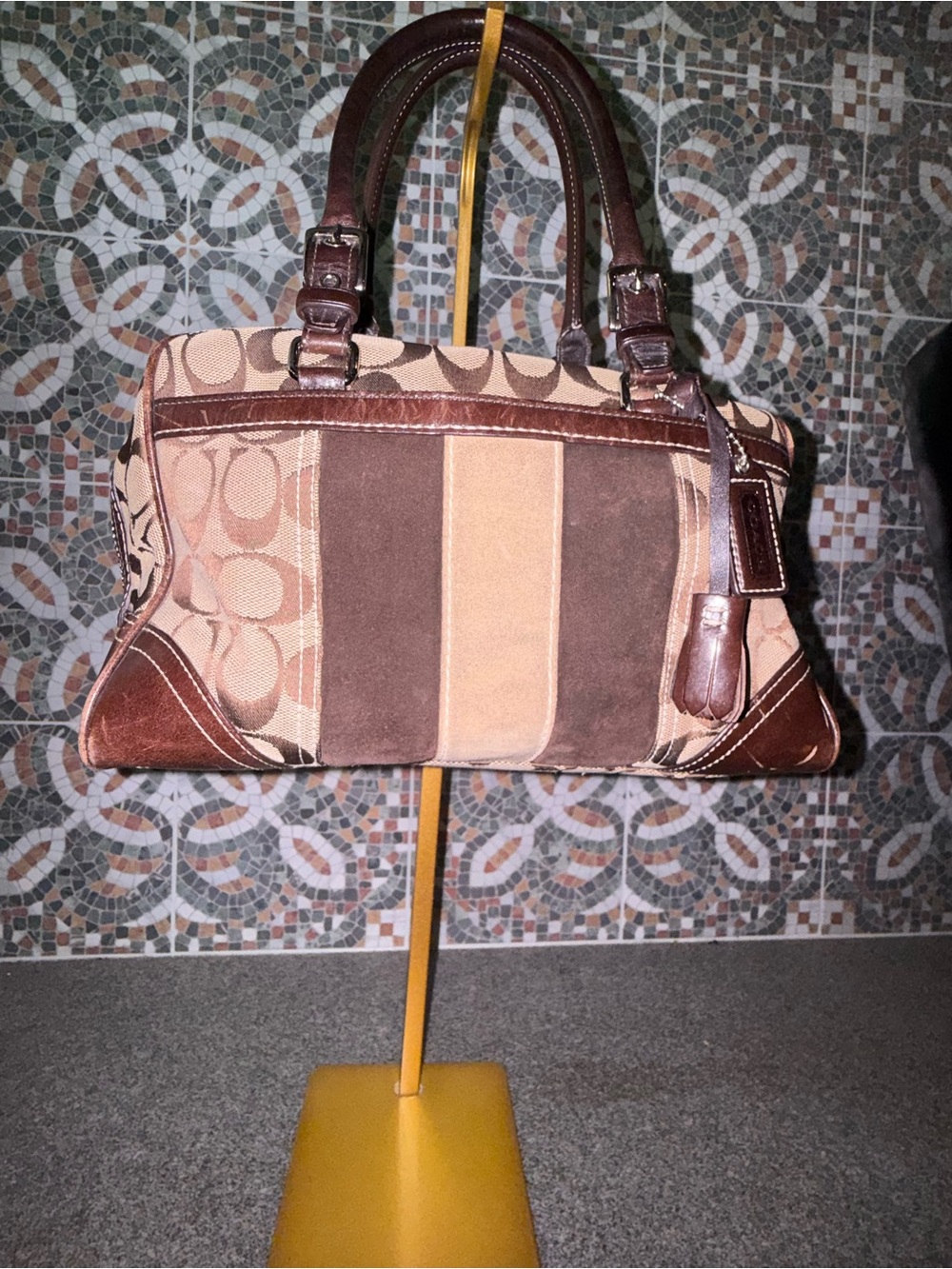 COACH Signature Suede Leather Handbag 8K13 Y2K Vintage Beige Brown Charm Tote